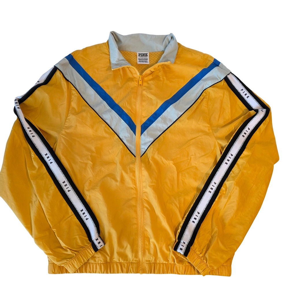 Victoria's Secret PINK Windbreaker Jacket Yellow Chevron‎ Logo XS S Full Zip